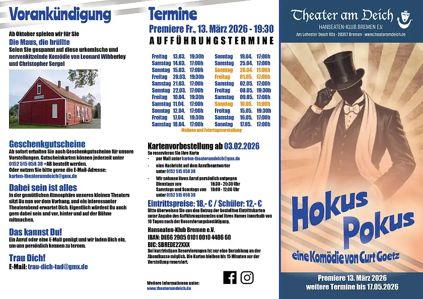 Flyer der Komödie Hokus Pokus im Theater am Deich ab dem 13.03.2026