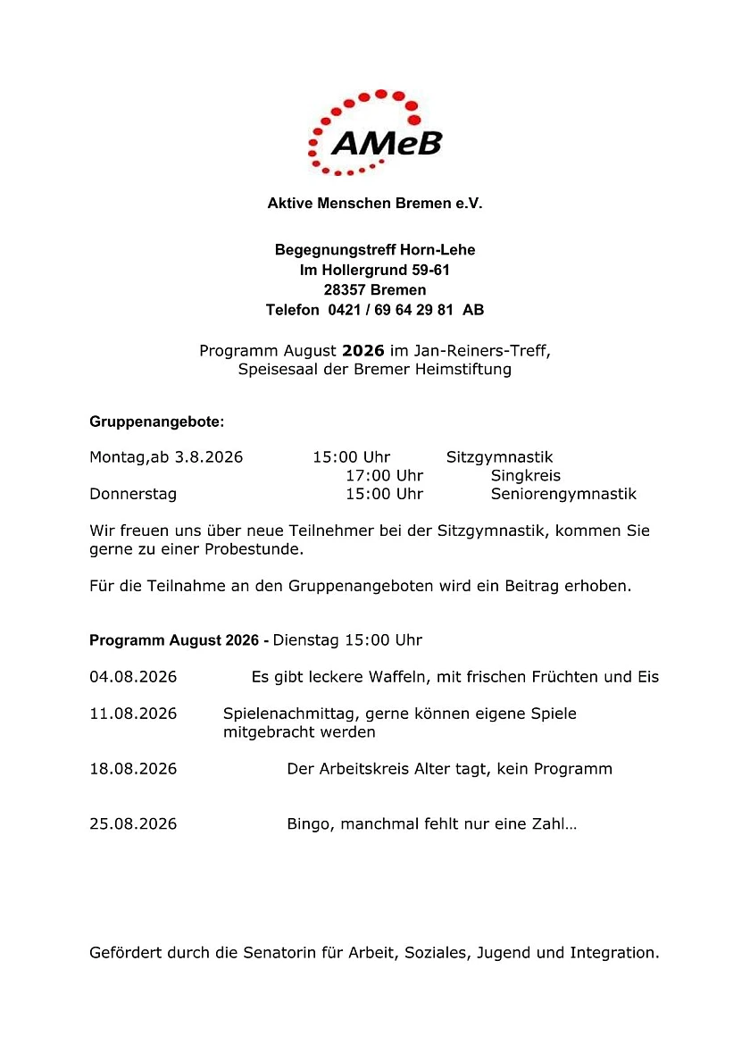 Programm AMeB Begegnungstreff Horn-Lehe August 2026