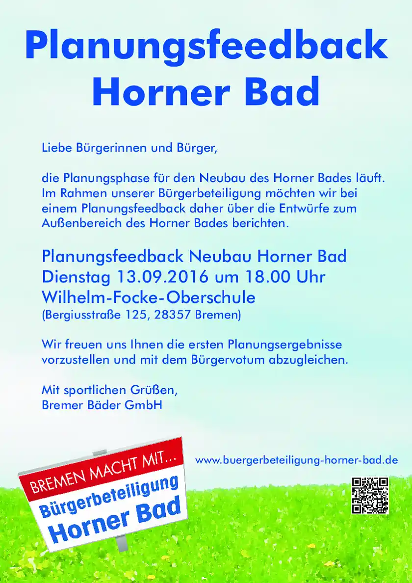 Plakat zur Einladung zum Planungsfeedback Horner Bad am 13.9.2016 um 18 Uhr