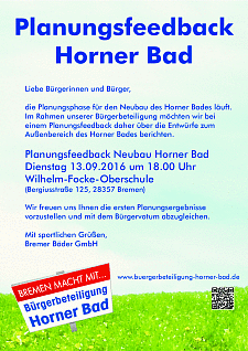 Plakat zur Einladung zum Planungsfeedback Horner Bad am 13.9.2016 um 18 Uhr