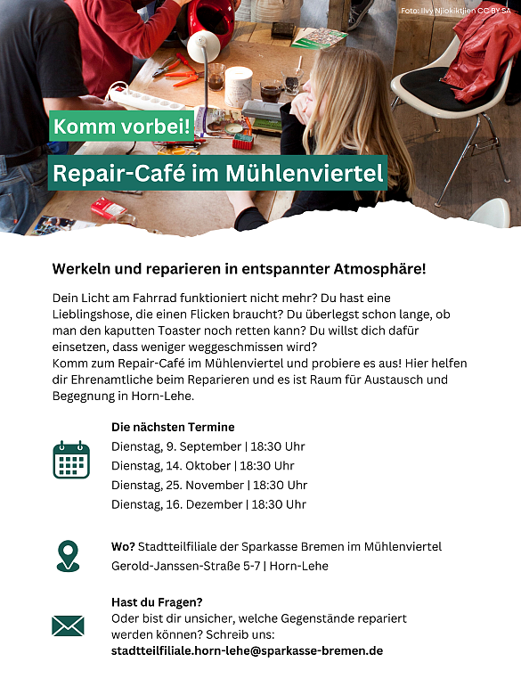 Plakat Repair-Cafe in der Sparkassen-Filiale im Mühlenviertel
