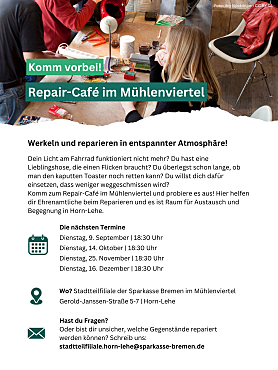 Plakat Repair-Cafe in der Sparkassen-Filiale im Mühlenviertel