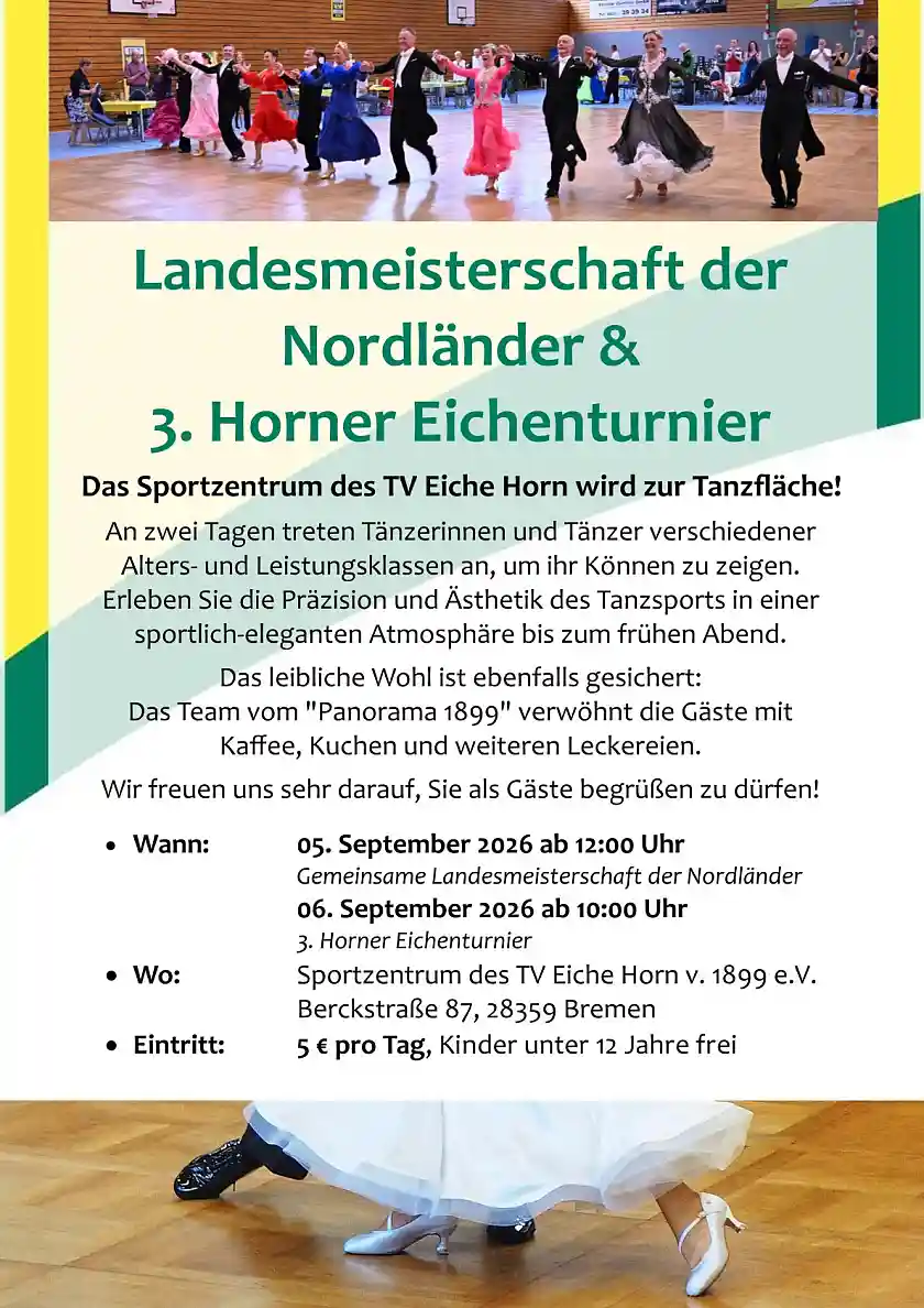 Tanzturnier am 05. und 06.09.2026 beim TV Eiche Horn, Landesmeisterschaft der Nordländer
