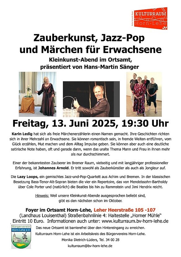 Kleinkunstabend im Ortsamt Horn-Lehe am 13.06.25 - Zauberkunst, Jazz-Pop und Märchen für Erwachsene