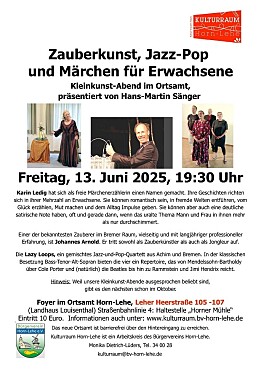 Kleinkunstabend im Ortsamt Horn-Lehe am 13.06.25 - Zauberkunst, Jazz-Pop und Märchen für Erwachsene