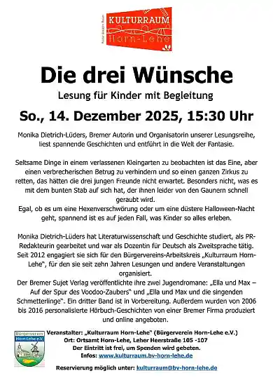 Lesung für Kinder mit Begleitung am 14.12.2025 im Ortsamt Horn-Lehe um 15.30 Uhr