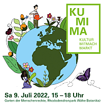Flyer Kulturmitmachmarkt am 9. Juli 2022 ab 15 Uhr im Rhododendronpark